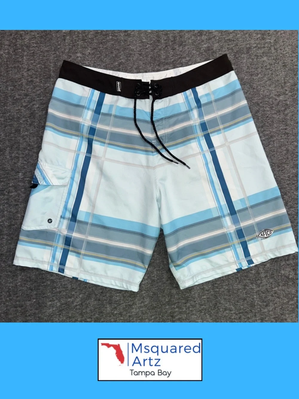 AFTCO Blutwater Board Shorts Mens 34 Blue Plaid Fishing Swim Trunks Polyester